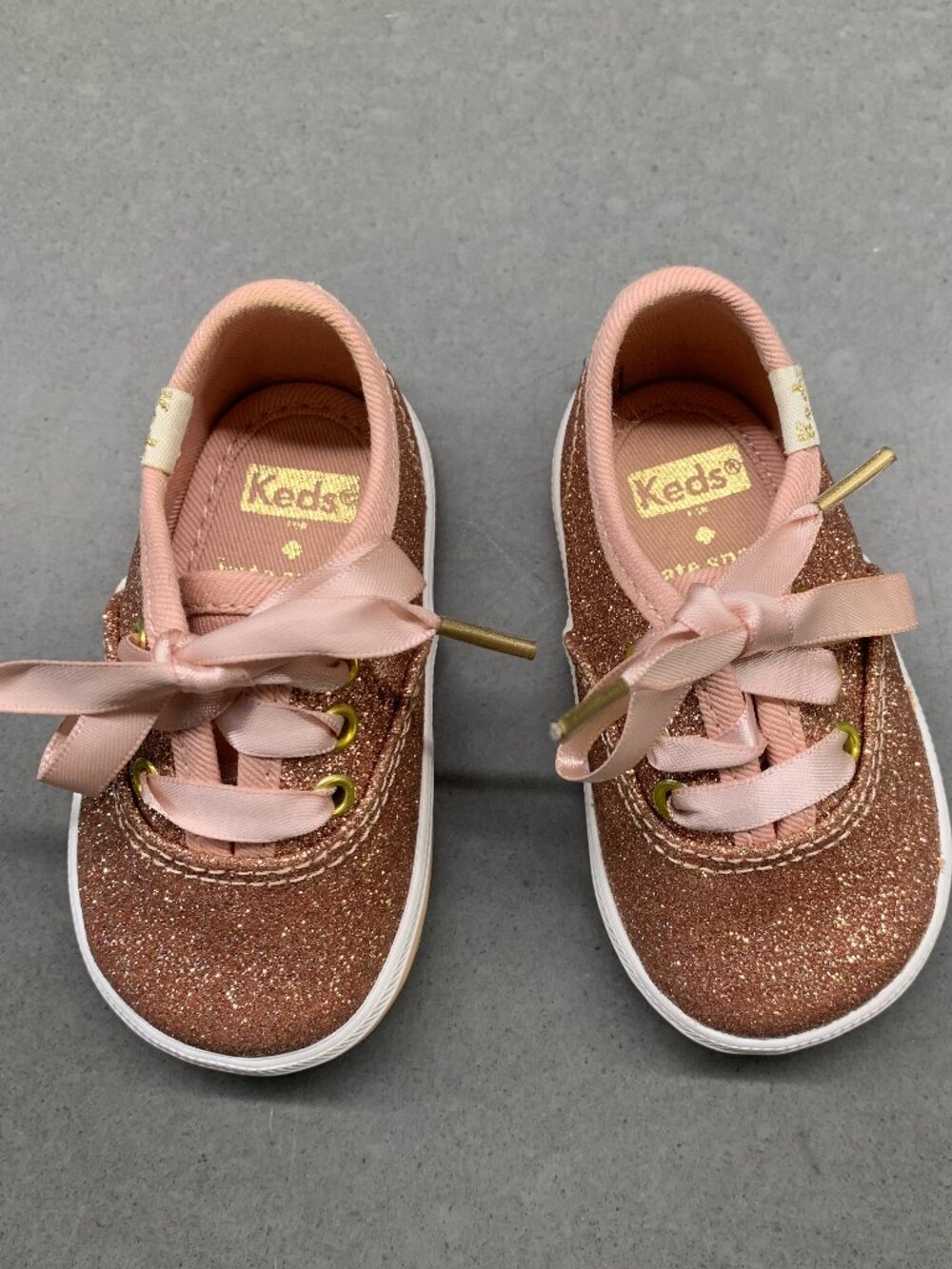 Keds Champion Glitter Crib Shoes Rose Gold Pink Satin Ribbon Size 2M Baby